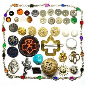 Vintage Gold Chain Necklace Jewelry Ring Button Charm Bracelet Retro Pendant Lot